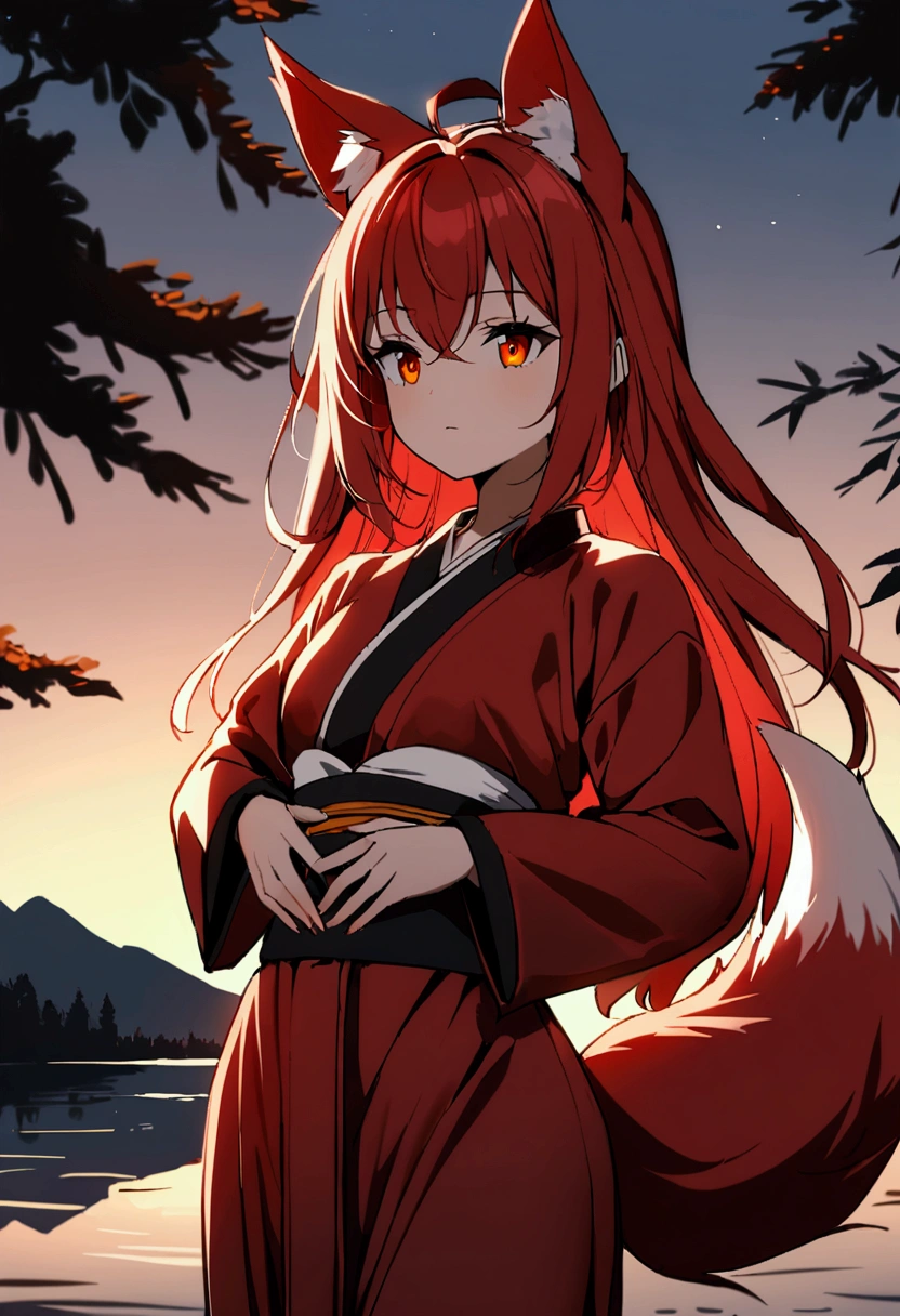 1girl with long red hair, amber eyes, fox ears, slender body, ,fox tail, red kimono,hands on stomach, outdoors, near lake
