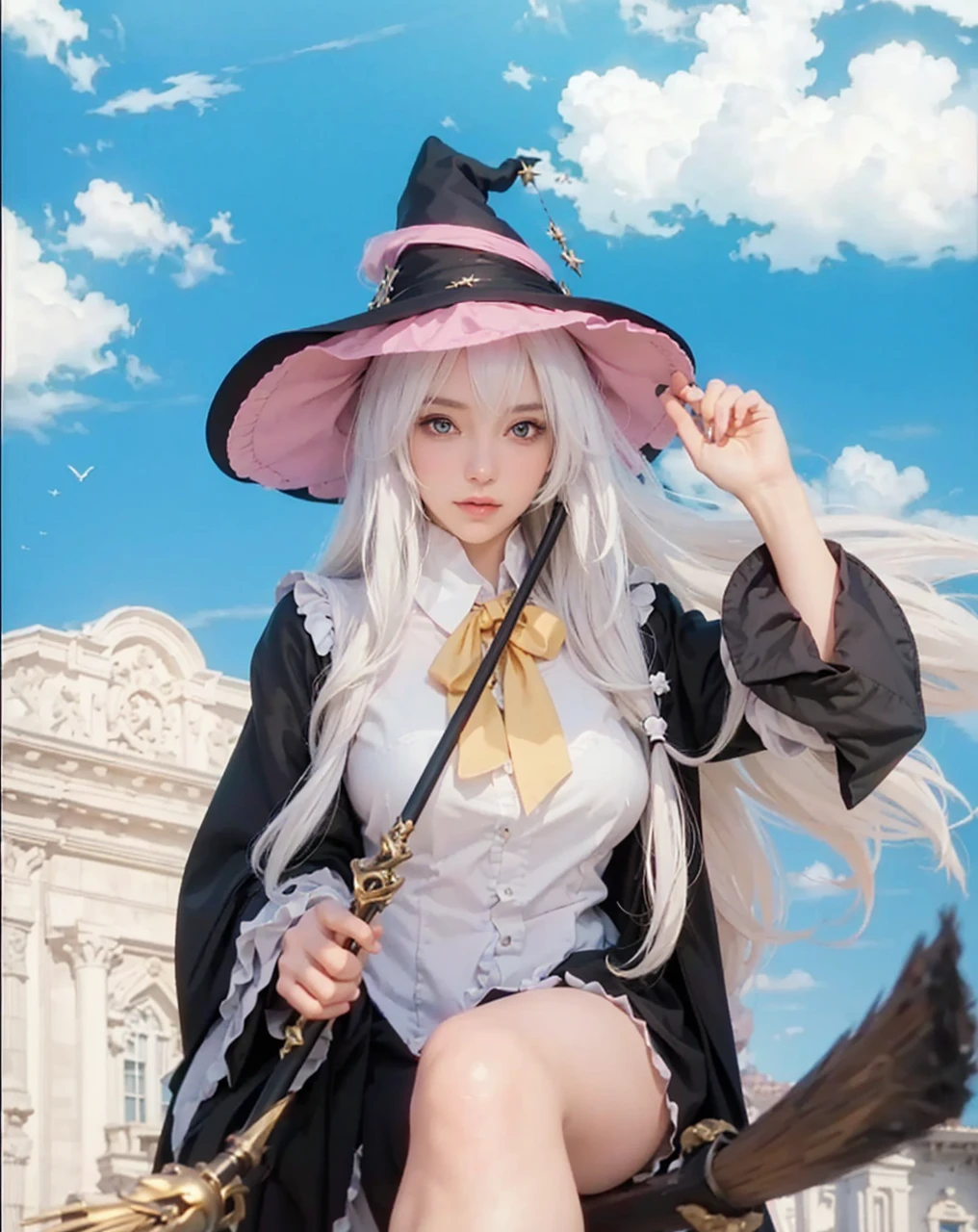 ( WANDERING WITCH: THE JOURNEY OF ELAINA_ELAINA),((realistic, photorealistic)),(highlight hair)), Light reflection, (( HD )),((upper body)), (((best quality, masterpiece))), (masterpiece) (best quality) (detail) (8k) (HDR) (wallpaper) (cinematic lighting) (sharp focuasterpiece, best quality: 1.1), Real life adaption of this character, realistic outfit, realistic shadow, realistic light, realism, hyper realistic, realistic background,realistic hair,(photorealistic:1.2), 1girl,Blue sky cloud background, magic city building, magical girl, witch hat, sitting on a flying broomstick, holding a magic wand, floating white hair,Fly above the clouds, Smooth thighs