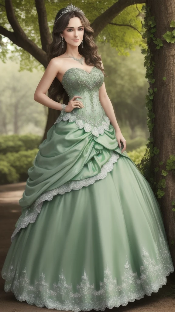 Masterpiece, absurdres, fine detail, HDR, highly detailed face and eyes, photorealistic, smiling, excited,ballgown, keira knightley in a green and white dress standing in front of a tree , wearing a ballgown,big breasts, detailed face, long eyelashes, colorful eye shadow, colorful makeup, 4k,8k,very tiny waist,full body photography