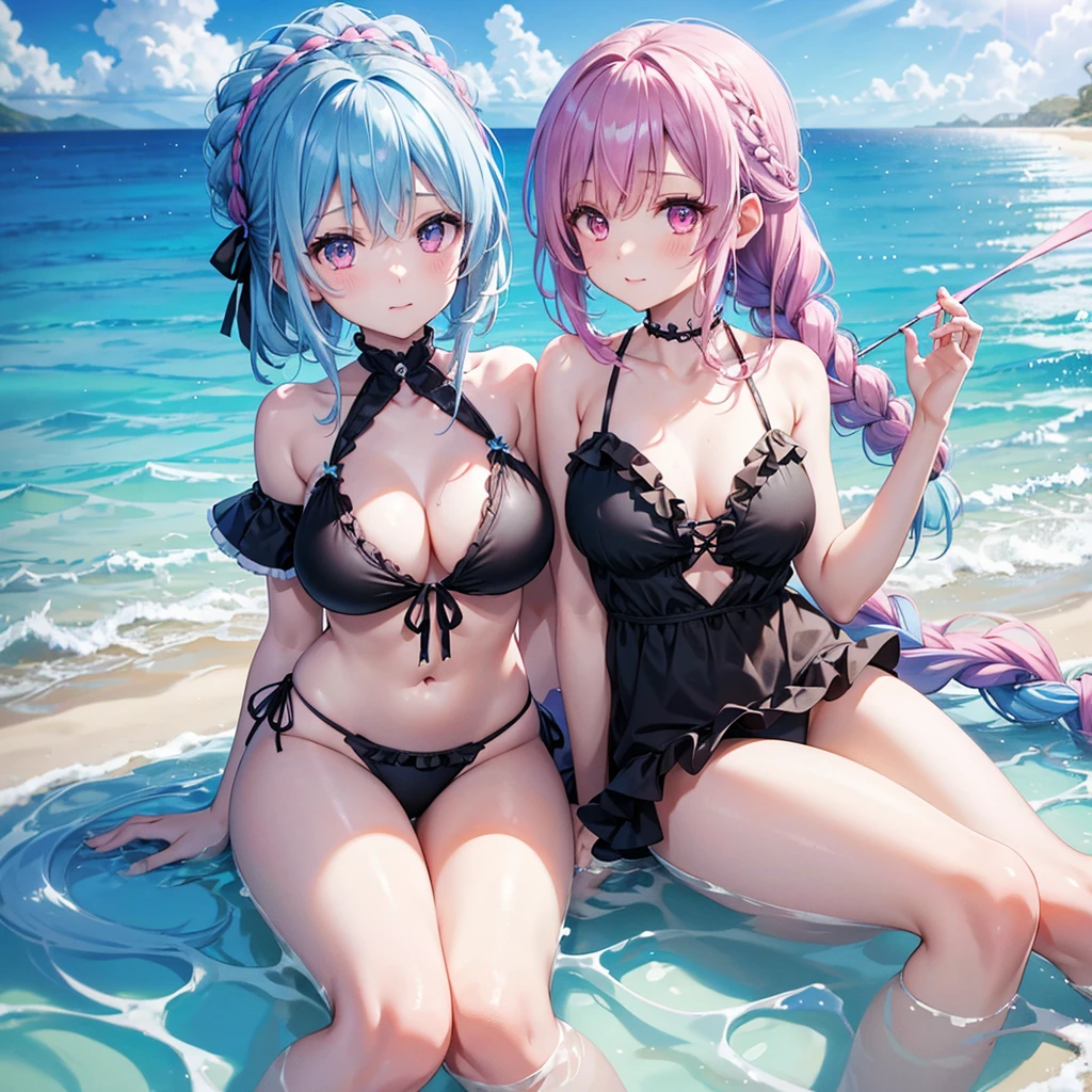 (Sky blue medium hair),(Braided hair tied together)、Pink eyes、Fair skin、(whole body)、(One Girl)、Black frilly swimsuit、Stylish sunglasses、Shining white sand beach in midsummer、Okinawa's ocean、A big smile、、(masterpiece、Highest quality、Very detailed、Best Shadow)、(Detailed Background)、(Beautifully detailed face)、High contrast、(Best lighting、Very delicate and beautiful)、((Cinematic Light))、colorful、Hyper Detail、Dramatic Light、Exquisite detail、Standing with your legs apart