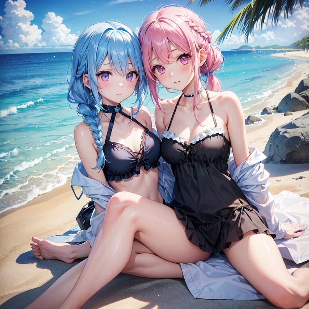(Sky blue medium hair),(Braided hair tied together)、Pink eyes、Fair skin、(whole body)、(One Girl)、Black frilly swimsuit、Stylish sunglasses、Shining white sand beach in midsummer、Okinawa's ocean、A big smile、、(masterpiece、Highest quality、Very detailed、Best Shadow)、(Detailed Background)、(Beautifully detailed face)、High contrast、(Best lighting、Very delicate and beautiful)、((Cinematic Light))、colorful、Hyper Detail、Dramatic Light、Exquisite detail、Standing with your legs apart