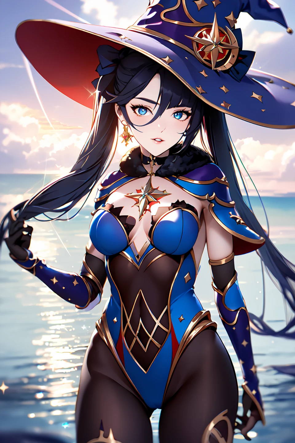 best quality, masterpiece, Mona, witch hat, bodystocking, choker, hair ribbon, earring, capelet, detached sleeves, arm up, parted lips, looking at viewer, glint, lens flare, light rays, sparkle, ocean, horizon, cowboy shot, cloudy sky