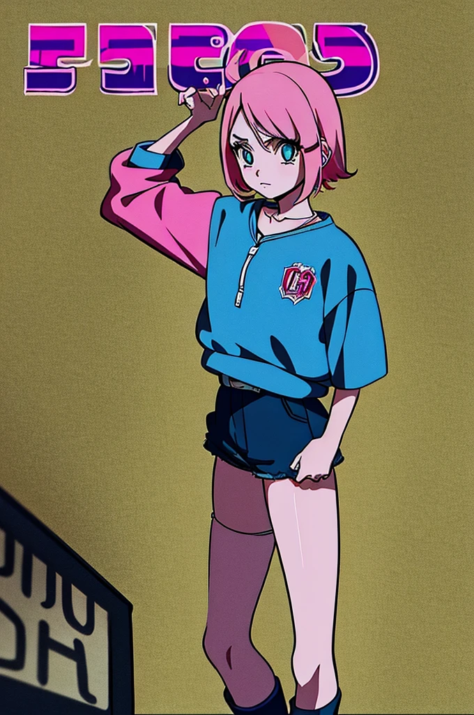 13 year old girl Anime Shonen Style Design,retro clothes, bizarre creative design, short bright pink hair, blue sky eyes,  shonen style outfit