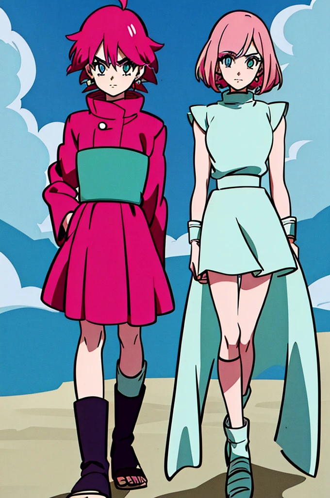 13 year old girl Anime Shonen Style Design,retro clothes, bizarre creative design, short bright pink hair, blue sky eyes,  shonen style outfit
