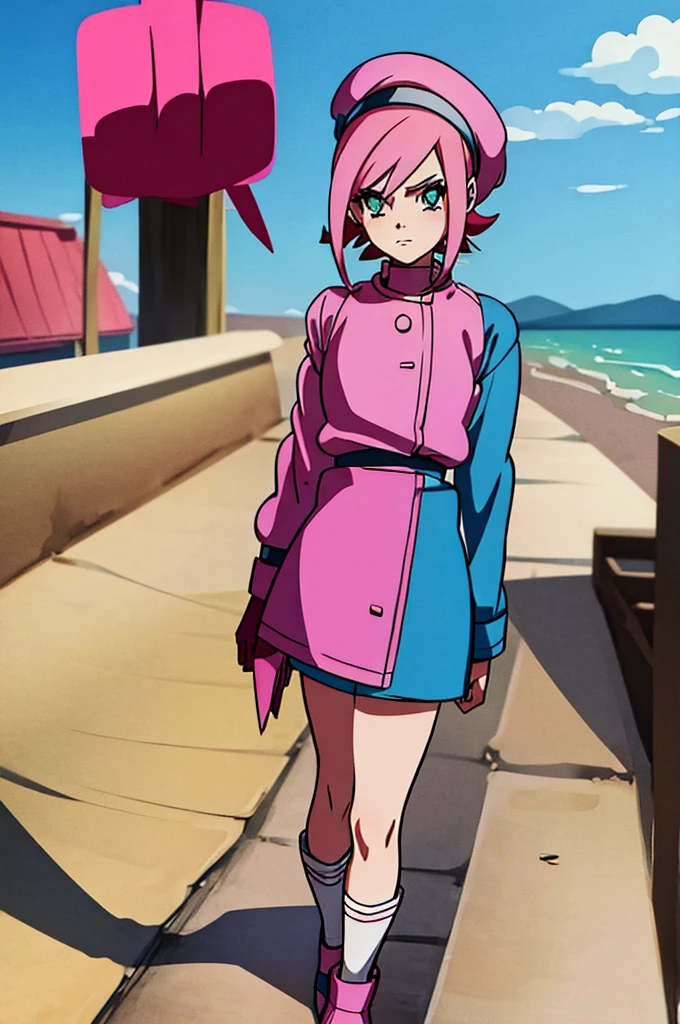 13 year old girl Anime Shonen Style Design,retro clothes, bizarre creative design, short bright pink hair, blue sky eyes,  shonen style outfit