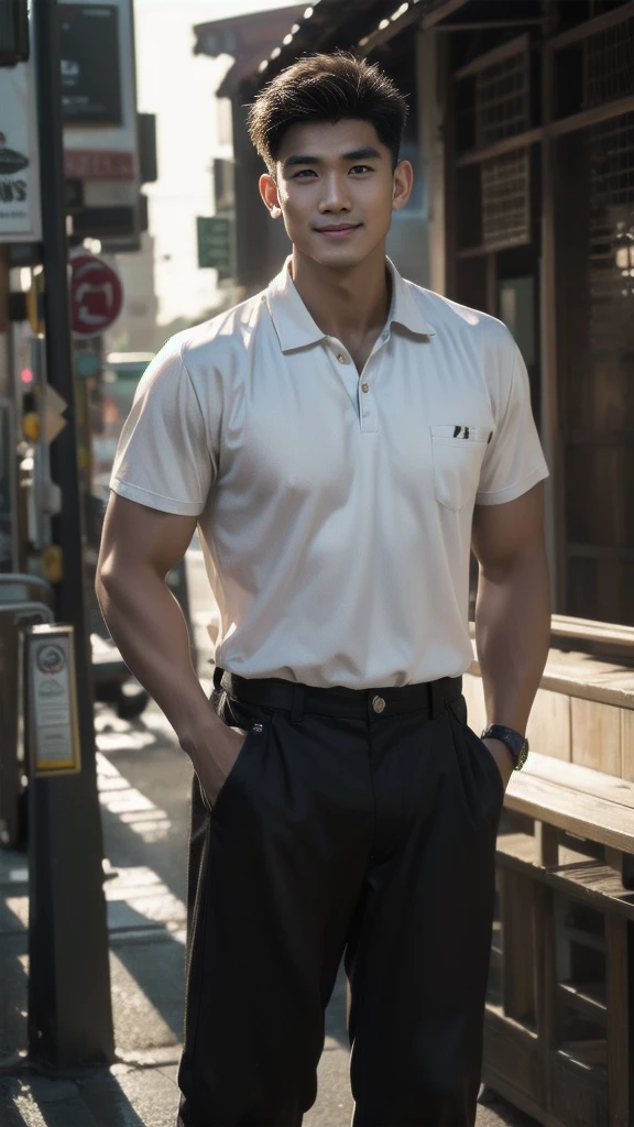 Natural light, realistic, Thai man, ทรงผมสั้น buzz cut, Handsome, muscular, big muscles, Broad shoulders, model, Wearing a black polo shirt and jeans, he stood and smiled. , outdoor outside