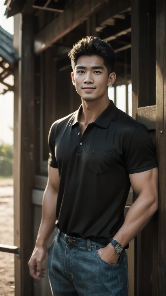 Natural light, realistic, Thai man, ทรงผมสั้น buzz cut, Handsome, muscular, big muscles, Broad shoulders, model, Wearing a black polo shirt and jeans, he stood and smiled. , outdoor outside
