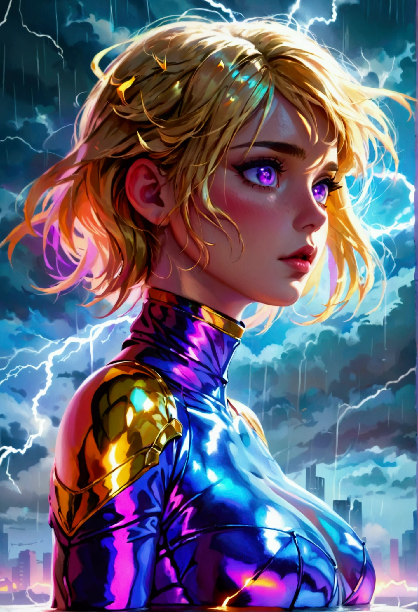 A cute woman (nude, age 25, violet eyes, violet metallic sleeves, violet metallic thigh high boots) is a lightning goddess floating in the storm clouds, held in the air by arcs of lightning, she her entire body, show her from head to toe, show all of her