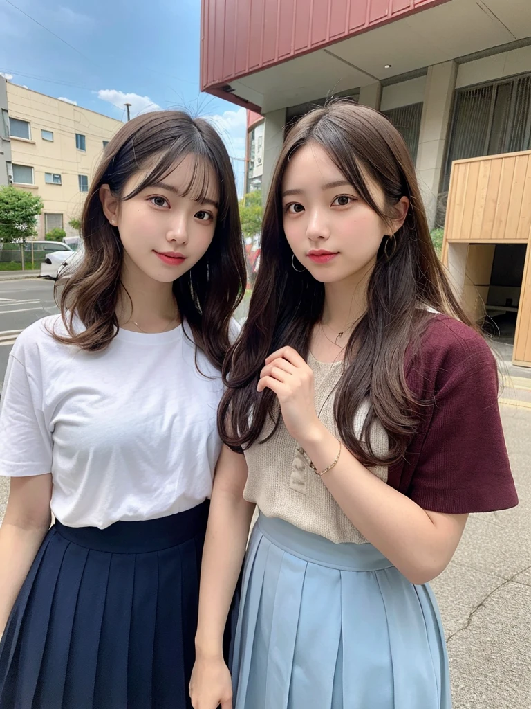Group photo of three good friends, portrait of a japanese teen,(Best Quality,4K,8K,hight resolution,masutepiece:1.2),Ultra-detailed,(Realistic,Photorealistic,Photorealsitic:1.37),cute-style,dian,Dribbling High Detail 8K,Studio Lighting - V 6, Randomly cute pleated skirt,Randomly cute clothes, Random Faces, Random curly hair, bangss, bare-legged