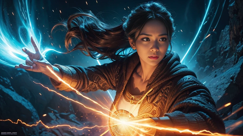 a woman charging a kamehameha wave,detailed facial features, intricate clothing, dramatic pose, cinematic lighting, magical energy effects, digital art, fantasy art, vibrant colors, highly detailed