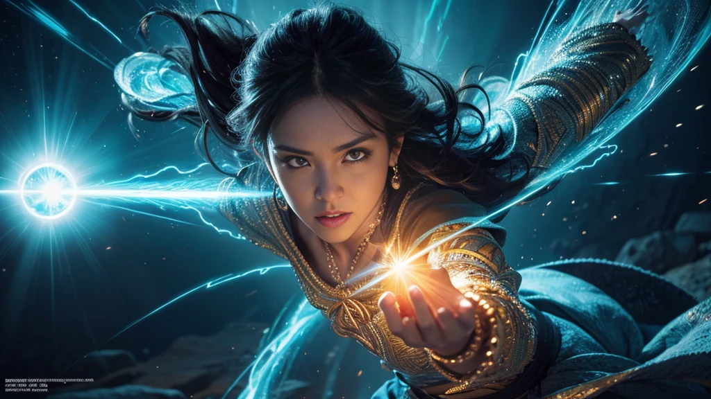 a woman charging a kamehameha wave,detailed facial features, intricate clothing, dramatic pose, cinematic lighting, magical energy effects, digital art, fantasy art, vibrant colors, highly detailed