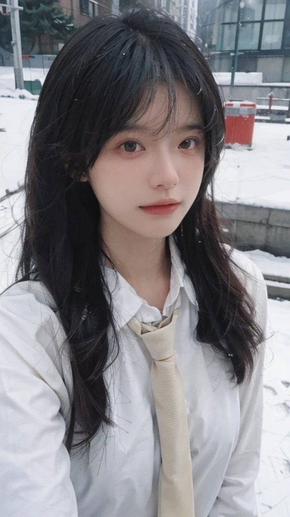 Best quality,masterpiece,Ultra-high resolution,snow,16K,Snow background,(Photo Realism:1.4),1 Girl,JK,Sexy,(Shirt and Tie:1.2),(Big breasts:1.3),(Upper body:1.4)