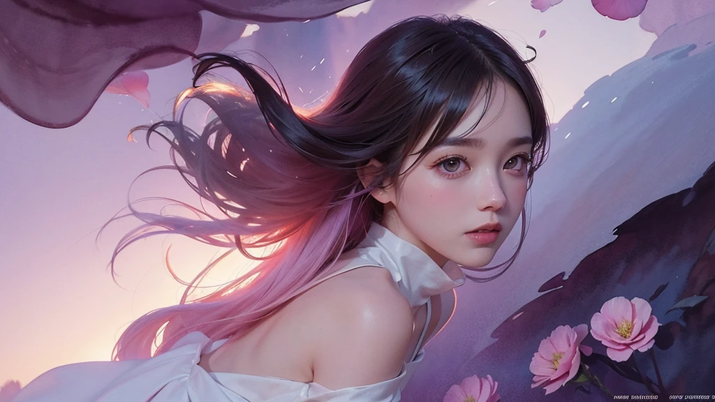 One girl,flower, Lisianthus ,Pale pinkと淡い青のスタイル, A dreamy, romantic piece, Pale pink, Mysterious Leaves, A playful arrangement,Fantasy, High Contrast, Ink strokes, explosion, Exposure, Impression of purple and red tones , Abstract, ((Watercolours by John Berkey and Jeremy Mann )) Brush strokes, Negative Space,