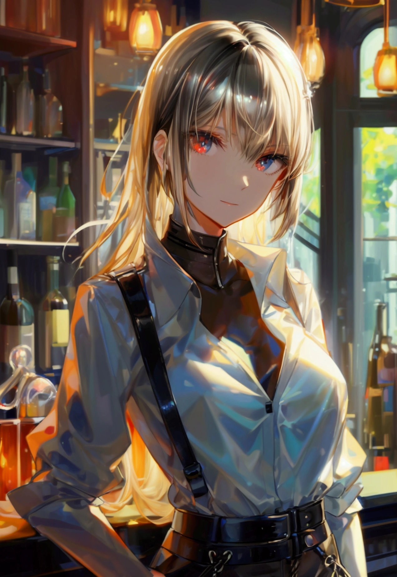 masterpiece, best quality, absurd-res, insanely detailed, 8k cg render, high resolution, extremely detailed, perfect anatomy, perfect design, (2girls), bartender, BREAK 1girl, blonde hair, pixie cut, blue eyes, light smile, open mouth, white shirt, black pants, belt, insanely detailed eyes, (slender:1.3), BREAK 1girl, (black hair:1.3), (long straight hair), red eyes, light smile, (closed mouth:1.2), white shirt, (black leather pants), insanely detailed eyes, (slender:1.3)