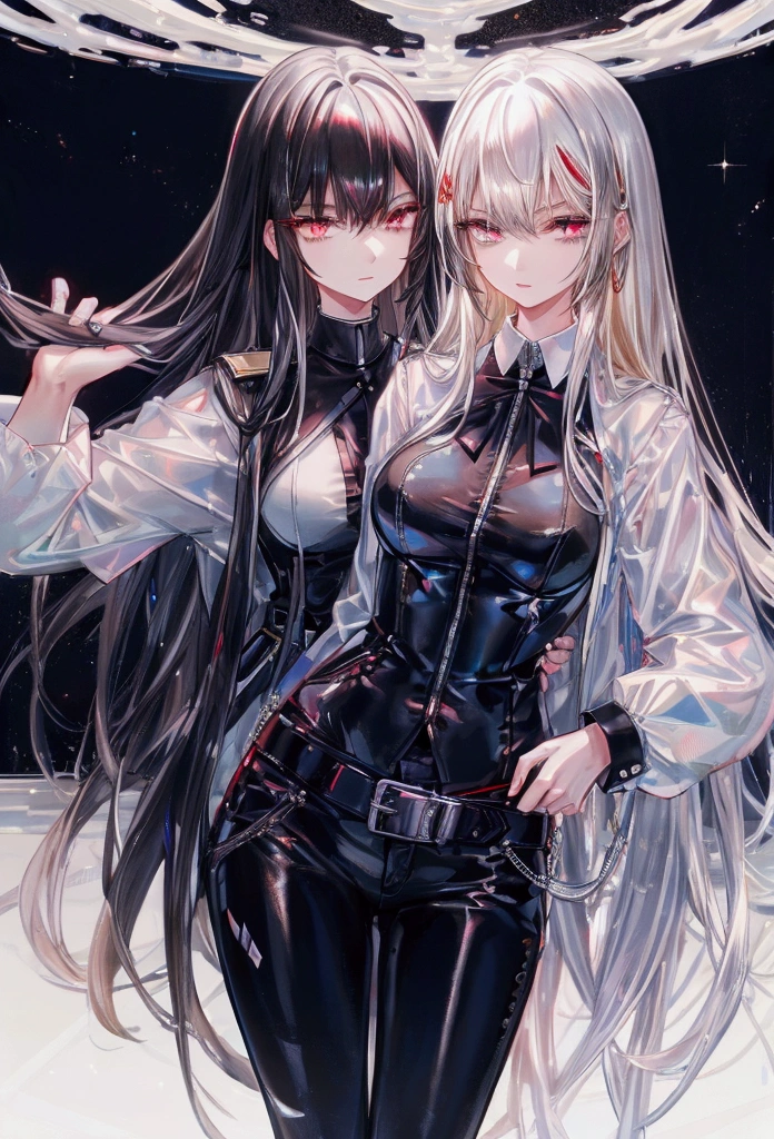 masterpiece, best quality, absurd-res, insanely detailed, 8k cg render, high resolution, extremely detailed, perfect anatomy, perfect design, (2girls), bartender, BREAK 1girl, blonde hair, pixie cut, blue eyes, light smile, open mouth, white shirt, black pants, belt, insanely detailed eyes, (slender:1.3), BREAK 1girl, (black hair:1.3), (long straight hair), red eyes, light smile, (closed mouth:1.2), white shirt, (black leather pants), insanely detailed eyes, (slender:1.3)
