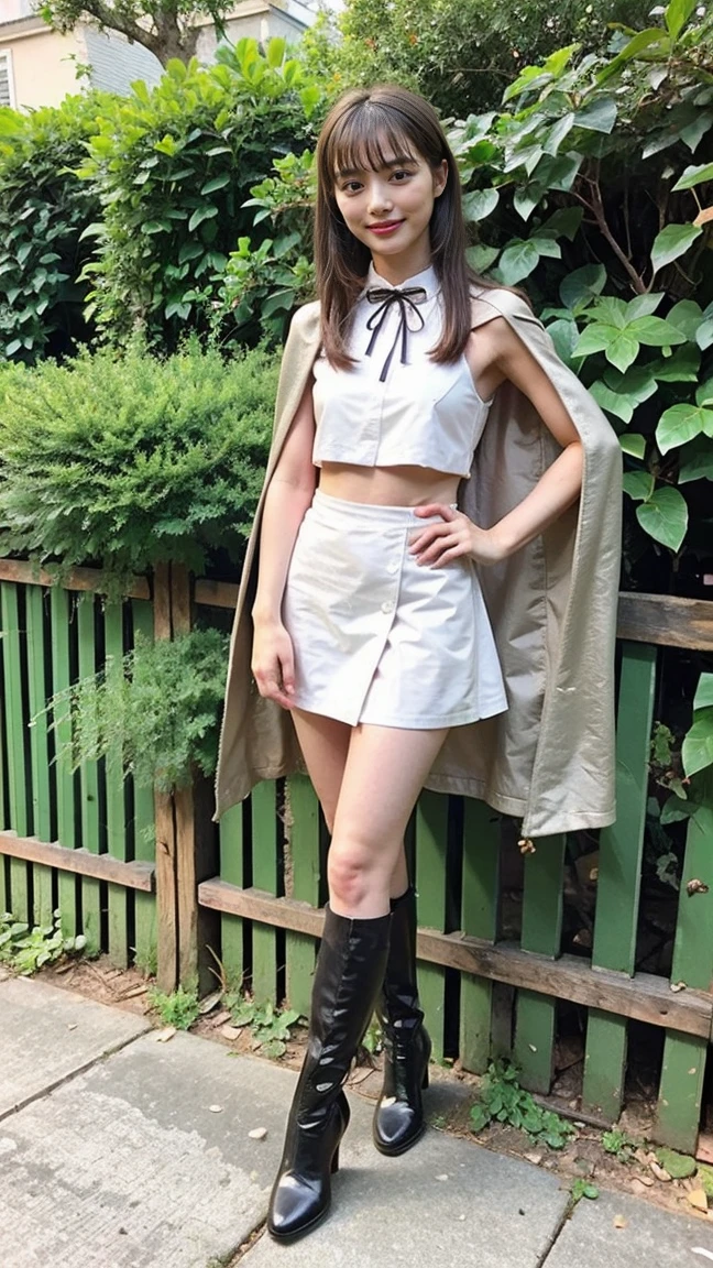 (8K、RAW Photos、Highest quality、masterpiece:1.2)、(Highest quality、Realistic)、1 Girl、((Tube top、mini skirt、Idol Costume、Cape、ribbon、Medium Hair、See-through、smile、Silver and Black、Thin legs、whole body、boots、garden、View from the front、Looking into the camera、Stand with hands on hips))、cute