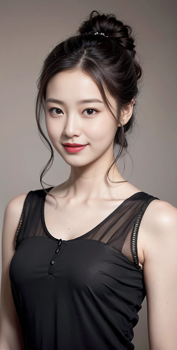8K picture quality、high resolution、Realistic skin texture、high resolutionの瞳、Miss、日本夏季办公室Miss、Sleeveless knitted shirt、Princess hairstyle、Thin、、32 inches in the chest,(a charming smile:1),、Brown hair、Thin脚、Large target、Sweat accumulates on the chest、roof、Comb your hair up