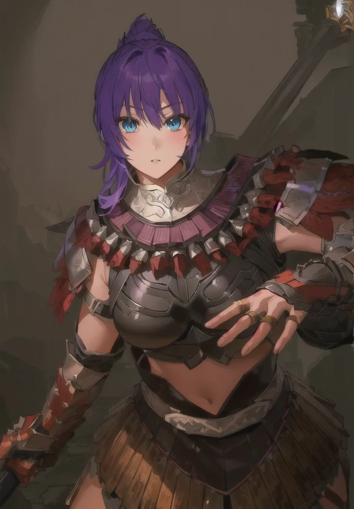 Wearing armor、Anime image of a woman holding a spear, Armor Girl, wearing monster hunter armor, With scaly armor, wearing dark Purple Armor, Purple Armor, wearing monster hunter armor, A very beautiful berserker woman, 2. 5D CGI anime fantasy artwork, Epic RPG portrait, Detailed anime character art, Detailed digital anime art,Three Kingdoms志,Three Kingdoms。big boods,big ,huge ,sex body,Purple Hair,Blue Eyes,Black Leather