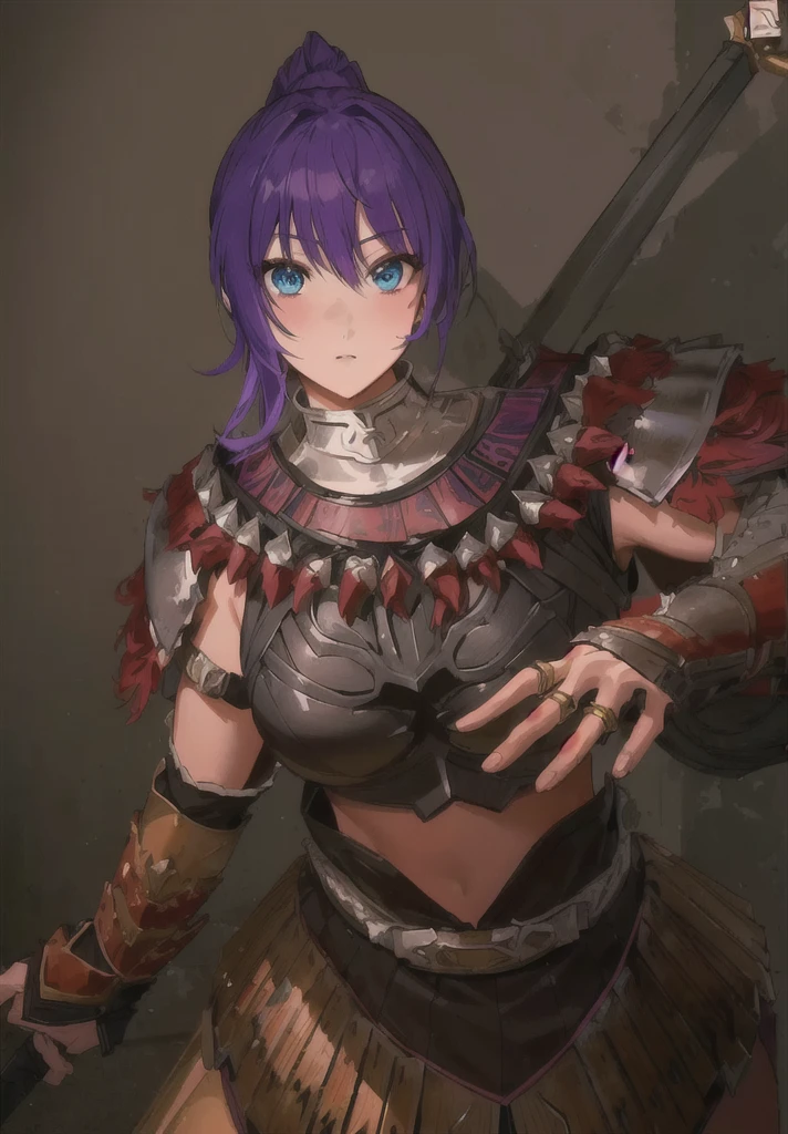 Wearing armor、Anime image of a woman holding a spear, Armor Girl, wearing monster hunter armor, With scaly armor, wearing dark Purple Armor, Purple Armor, wearing monster hunter armor, A very beautiful berserker woman, 2. 5D CGI anime fantasy artwork, Epic RPG portrait, Detailed anime character art, Detailed digital anime art,Three Kingdoms志,Three Kingdoms。big boods,big ,huge ,sex body,Purple Hair,Blue Eyes,Black Leather