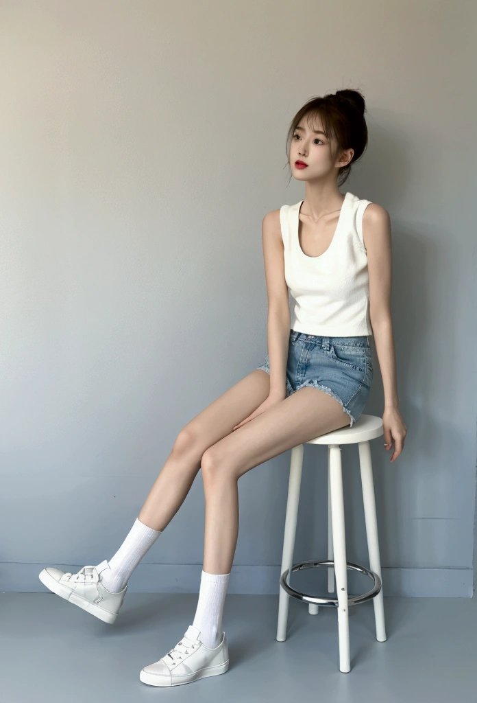 1 Girl, Sit on a stool，Eight inside both legs,hit，Sexy legs, Large white vest top，Skinny light blue denim shorts，Fair skin，Wear long white socks，White sneakers，