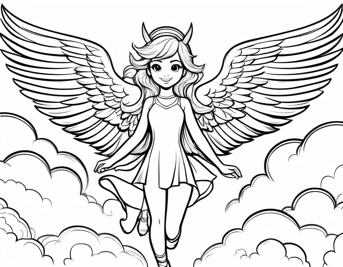 beautiful Unicon, , Fantasy, have wings, Coloring pages for kidse happy, smile, Fly in the sky, Behind is a cloud., vector art, simple, 2D vector, black lines white background, Coloring pages for beginners, Vector illustration, Pencil strokes, No color, drawing coloring, white background, Pixar style, black and white
