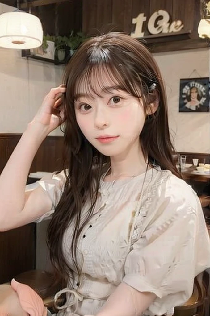 Cafe,One Japanese girl,Brown Hair,Baby Face
