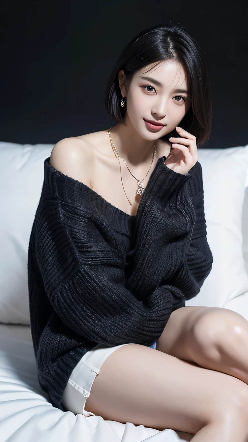 （Woman with short hair），（Off-the-shoulder sweater，Oversized sweater），（Hidden Short），（Sitting cross-legged，Place your hands on your thighs），On the bed，Moderate，deep，Highest quality，masterpiece，Awareness-raising，Very delicate and beautiful，Very fine skin，CG，Unity，8k wallpaper，wonderful，detailed，高度detailedCG Unity 8k wallpaper，Large file size，High resolution，Handsome and delicate woman，非常detailed眼睛和脸部， Stunningly detailed eyes，There is light on the face，（最佳Awareness-raising：1.1），（Darkest：1.1），超High resolution，（real：1.1），（real1.2：1.1），real面部比例，slim，smile，（蓬松的Iris：1.21），Iris，Looking at the audience，deep棕色头发，ear  ring，necklace，hairpin，Full Body Shot，（Irregular skin blemishes，vein，Birthmark，Wrinkles on the skin，pores：1.2），（Pitch black night background： 1.2）， （Bokeh： 1.4），