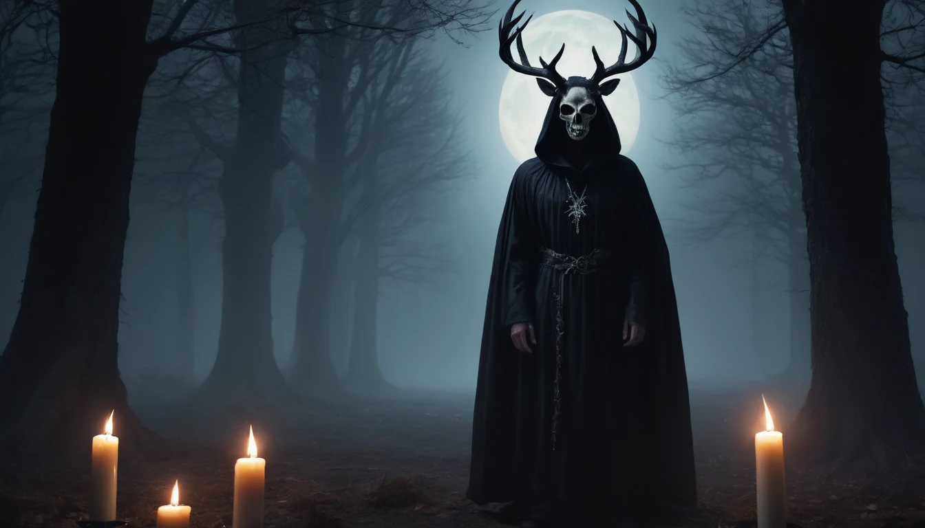 (best quality,4k,8k,highres,masterpiece:1.2),ultra-detailed,(realistic,photorealistic,photo-realistic:1.37),horror,dark,occult,gloomy,color scheme,night time,shadowy,gloomy,ominous atmosphere,A person wearing a deer skull on their head,black robe,candle,burning, flickering light,satanic alter,creepy,dark magic,vivid colors,surrealistic,moonlight,shadows dancing,haunting,spooky aesthetic,ethereal,mysterious figure,ancient ritual,demonic presence,foreboding,menacing,macabre,occult symbols,cryptic writings,mystical,misty atmosphere,pale moonlight,gothic elements,ominous shadows,ghostly,ominous candles,whispering shadows,foreboding darkness,spellbinding,unearthly,unsettling energy,thick darkness,enchanted scenery,total darkness,forbidden rituals,lit by the candlelight,supernatural energies,esoteric knowledge,nightmare-like,hauntingly beautiful,cloaked figure,hooded,mesmerizing,hidden secrets,esoteric meanings,confounding,encrypting,key to the unknown,nightmarish,dark aura,unveiling the shadowy truth,strange and otherworldly,dark glamour,peculiar and eerie ambiance,sinister figure,silent,grim,ancient mysticism,otherworldly presence,ominous atmosphere,casting eerie shadows,dark enchantments,diabolical,cloaked in darkness.