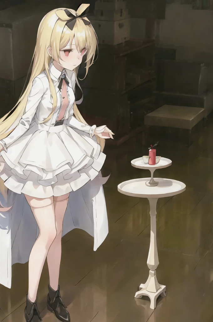 1girl, white hair, red eyes, straight hair, short, , small breasts, maid dress, ruffled dress, pale skin