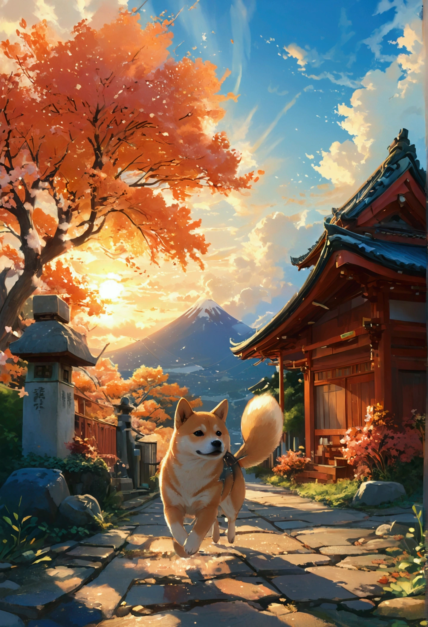 Makoto Shinkai Taste, Beautiful sky, (A running Shiba Inu puppy, Detailed eyes ),Romantic Landscape, Healing scenes, Light pours in,hope, Makoto Shinkai Taste,Detailed Description, Japanese Shrines, Sunset,