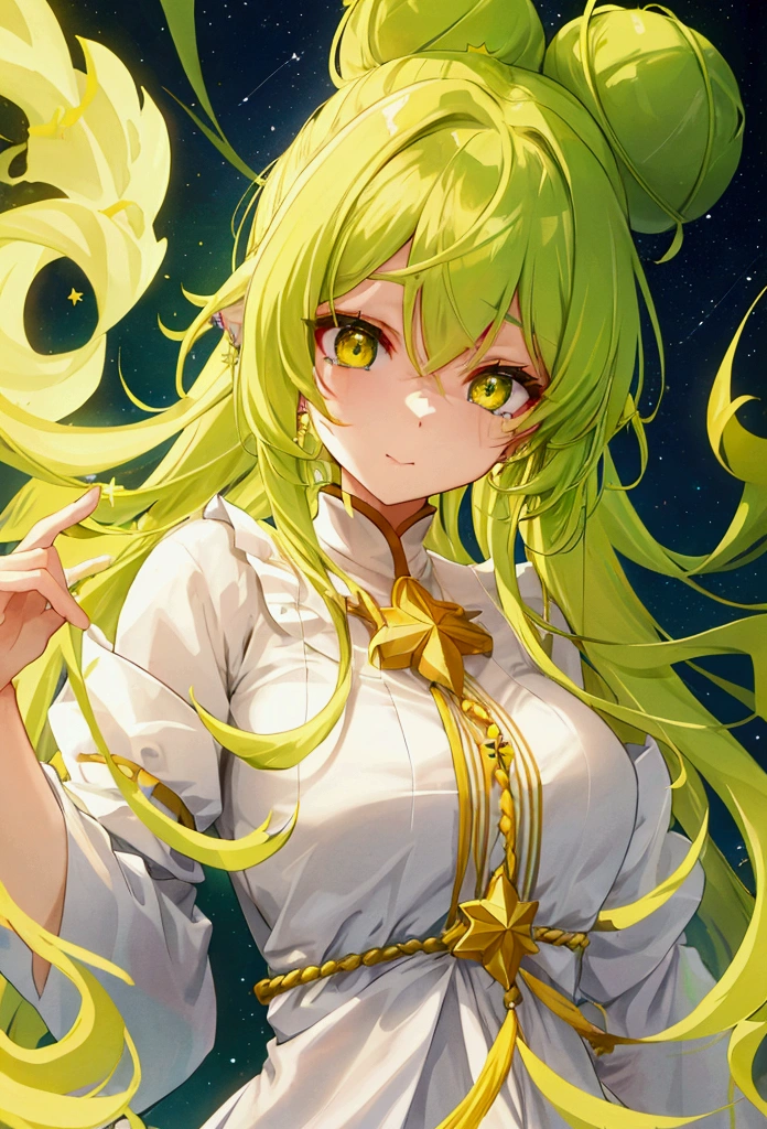 Upper Body、Straight hair、Yellow-green hair、Bun hair、Yellow-green eyes、Stars in the eyes、woman、