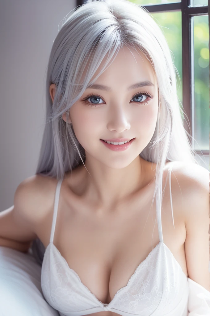 8K Ultra Resolution、Beauty、One Lady、Bright white hair:1.1、Ultra-detailed face、Fine lips、important、(Eyes meet)、double eyelid、Princess Eyes、 Beautiful Japanese Women、Beautiful Japanese Women、Sensual lips、A seductive and soft body、Bust size 82、8th、20th generation、(20-year-old)、far and near method、 important(Detailed hand counts and shapes)、Clear images、Detailed eye sparkle、 Detailed background of light coming through a window、Bold woman sitting on white bed with legs spread wide、Beautiful breasts with attention to detail、、Smaller breasts、超リアルな女性のエロテックでピンクcolorのブラジャーとパンティー、Smiling with a nice smile、color々Hair style、