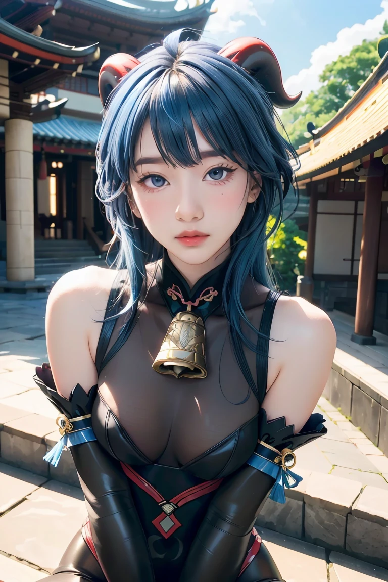 (photorealistic:1.4), (masterpiece, sidelighting, finely detailed beautiful eyes: 1.2), masterpiece*portrait, realistic, 3d face, 
ganyu \(genshin impact\), 1girl, ahoge, architecture, bangs, bare shoulders, bell, black gloves, black pantyhose, (blue hair), blush, breasts, chinese knot, detached sleeves, flower knot, gloves, horns, long hair, looking at viewer, medium breasts, neck bell
 