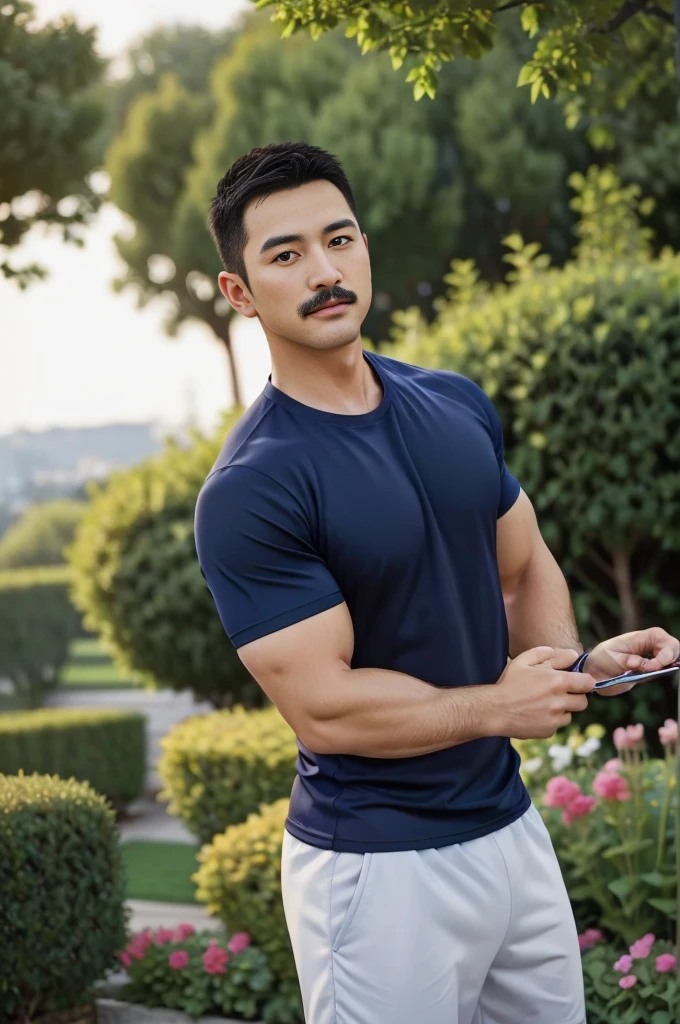Masterpiece, best quality, high resolution, realistic, handsome, Take beautiful photos, Sayk, NRF, Photo of the 35 year old gym association (The man has a thin mustache.),Full body, Portrait, standing in the garden , make military media, weight, Amazing , Buzzcut short hair,stubble head , (Hyper Muscle),looking at the audience, Flirt with the camera, charming, (Tight navy blue workout shirt. ),(GS-Male:1), 8K,Bokeh,Portrait,look at the viewer,