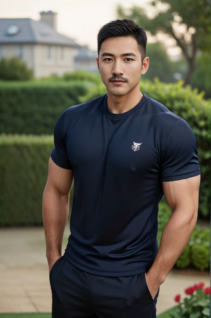 Masterpiece, best quality, high resolution, realistic, handsome, Take beautiful photos, Sayk, NRF, Photo of the 35 year old gym association (The man has a thin mustache.),Full body, Portrait, standing in the garden , make military media, weight, Amazing , Buzzcut short hair,stubble head , (Hyper Muscle),looking at the audience, Flirt with the camera, charming, (Tight navy blue workout shirt. ),(GS-Male:1), 8K,Bokeh,Portrait,look at the viewer,