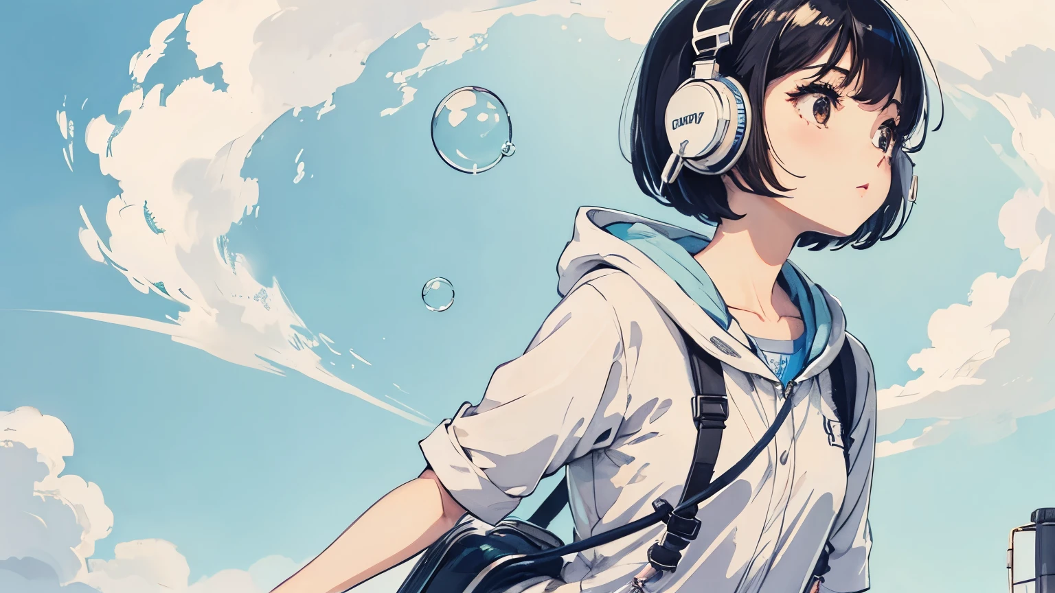 Wearing headphones、Bob Girl,Clear skies,Soap bubble,Retro,whole body