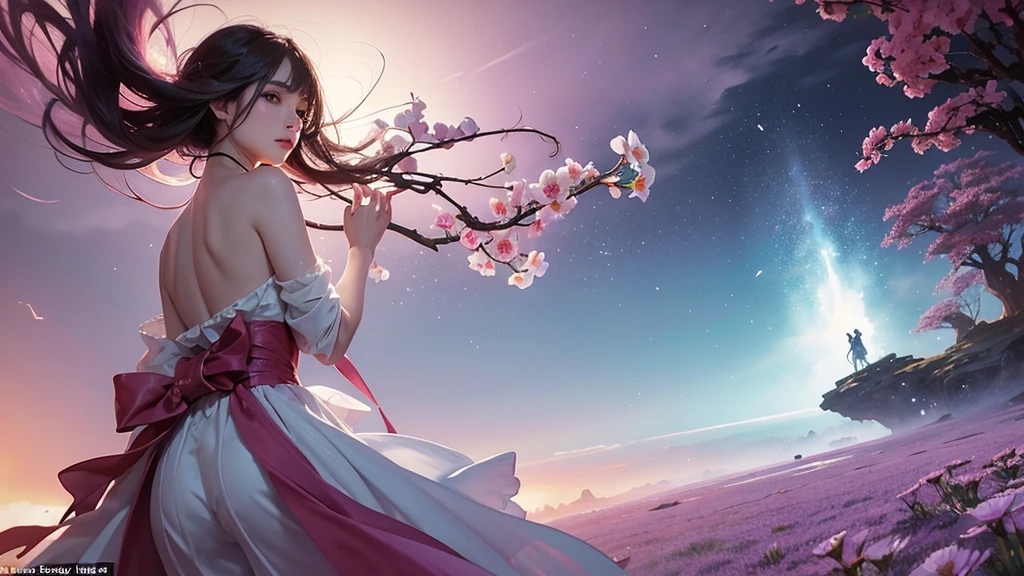 One girl,flower, Lisianthus ,Pale pinkと淡い青のスタイル, A dreamy, romantic piece, Pale pink, Mysterious Leaves, A playful arrangement,Fantasy, High Contrast, Ink strokes, explosion, Exposure, Impression of purple and red tones , Abstract, ((Watercolours by John Berkey and Jeremy Mann )) Brush strokes, Negative Space,