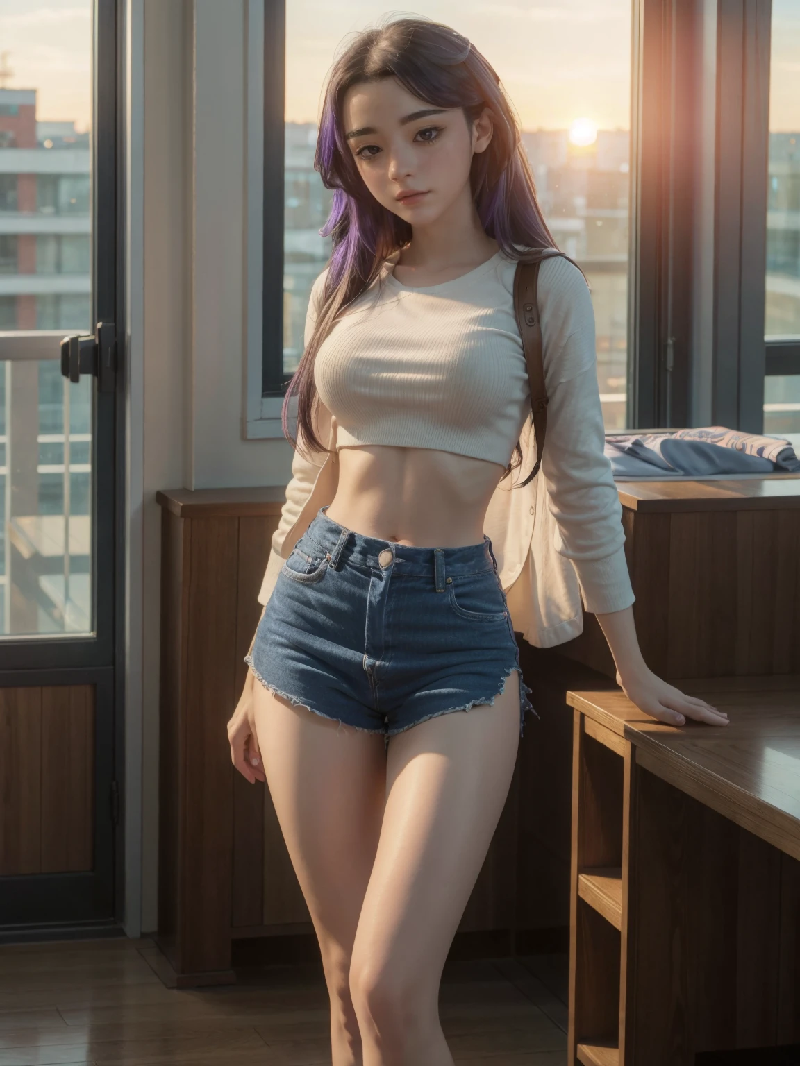 (1 lady), The beautiful, (Best quality at best:1.4), (ultra - detailed), (extremely detailed CG unified 16k), ((masterpiece)), ((best quality)), ((highres)), ((detailed background)), solo, gym woman body, natural lighting, sunset, (ichinose kotomi, amazingly attractive, perfect body), clannad uniform, blue skirt, black socks, hair ornaments, RAW UHD 8k photography, tarankaaa, not Dasha Taran, 1girl blueish purple hair, library background, hyper realistic, realistic cinematic face, head to feet long wide zoomed out view, full body long view, photorealistic, gorgeous, extremely beautiful face, perfect model beauty, (amazing legs, strong legs, athletic legs), combat boots, clear and well-cared skin