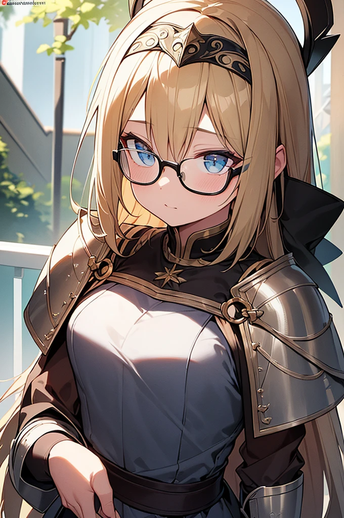 best quality, Masterpiece, Highly detailed, symmetrical eyes., girl, พื้นหลังที่Highly detailed, is gaining popularity (art station:1.46), exaggerate, movie light, studio quality, 8k resolution, long yellow hair,Wear glasses,Joan of Arc,Put on knight armor