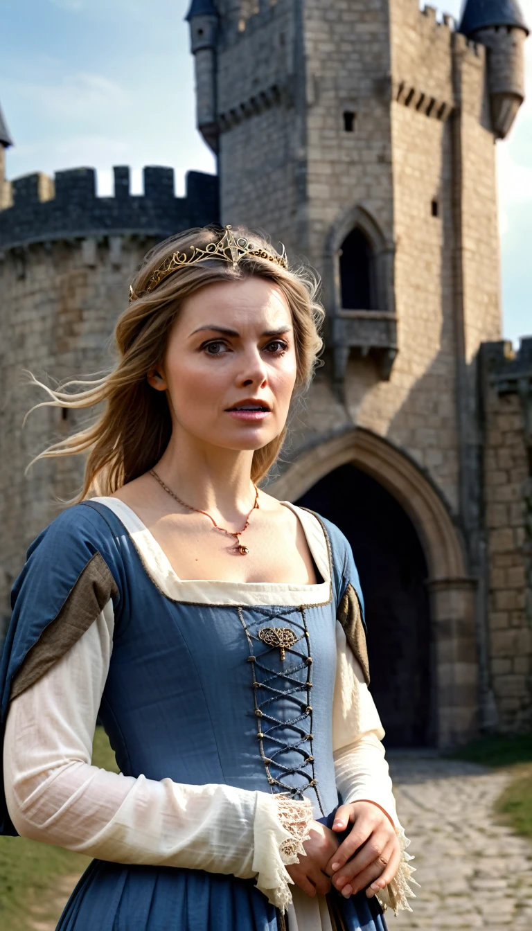 photorealistic man, age 30, european, short brown hair, in front of a pleading photorealistic lady, age 40, long  dirty blonde medieval hair, dressed as torn shoulderfree medieval lady of the castle, burning medieval castle landscape,  raw photo, cinematic material, wideview, high detailed, high quality 