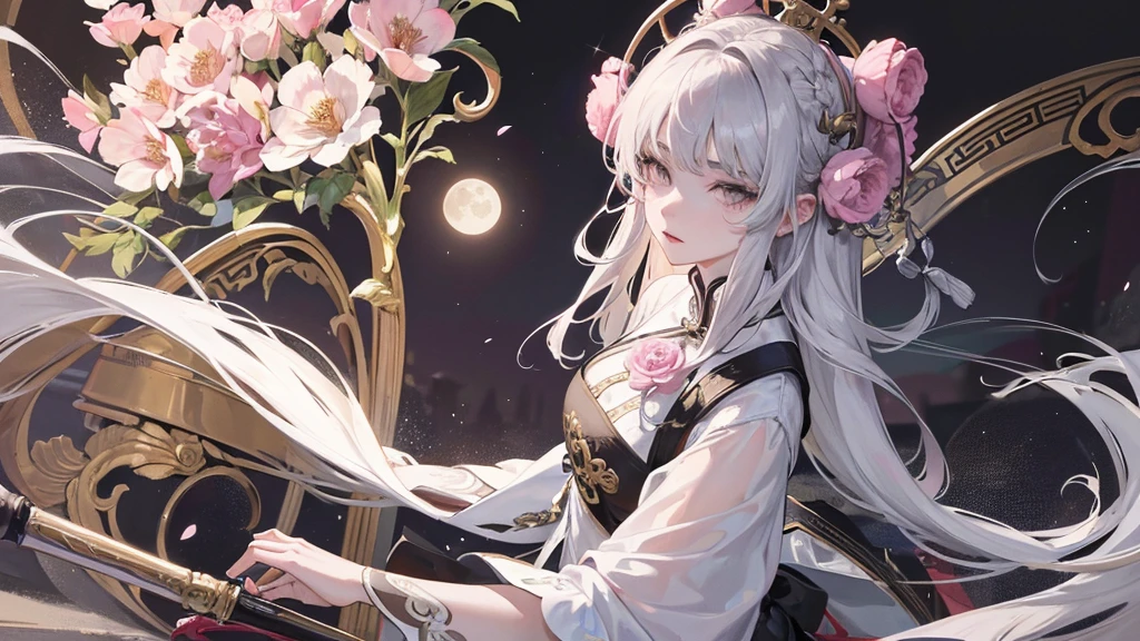 Masterpiece, Excellent, Night, Full Moon, 1 Woman, Mature Woman, Chinese Style, Antique China, Sister, Royal Sister, Cold Face, Expressionless, Silver-White Long-Haired Woman, Light Pink Lips, Calm, Intellectual, Three Bands, Gray Eyes, Assassin, Short Knife, Flower Ball Background, Walking in the Street View, Facial Details