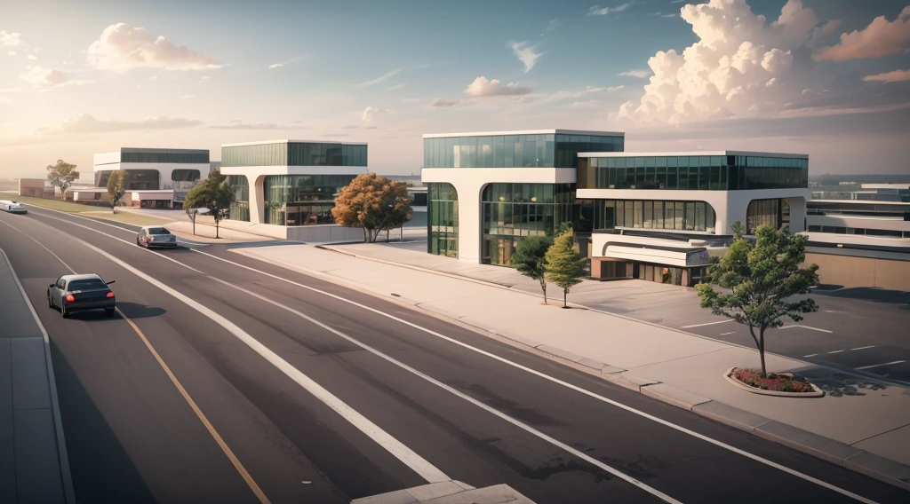 (((masterpiece))),((best quality)),outdoor,Commercial Area,Brilliant,lively,Warm atmosphere,Business Center,(Surrounded by greenery1:2),Asphalt road,Passing car,sidewalk,parking space,Award-winning design