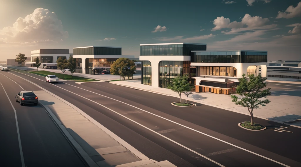 (((masterpiece))),((best quality)),outdoor，Commercial Area，Brilliant，lively，Warm atmosphere，Business Center，（Surrounded by greenery1：2），Asphalt road，Passing car，sidewalk，parking space，Award-winning design
