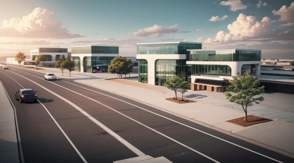 (((masterpiece))),((best quality)),outdoor,Commercial Area,Brilliant,lively,Warm atmosphere,Business Center,(Surrounded by greenery1:2),Asphalt road,Passing car,sidewalk,parking space,Award-winning design