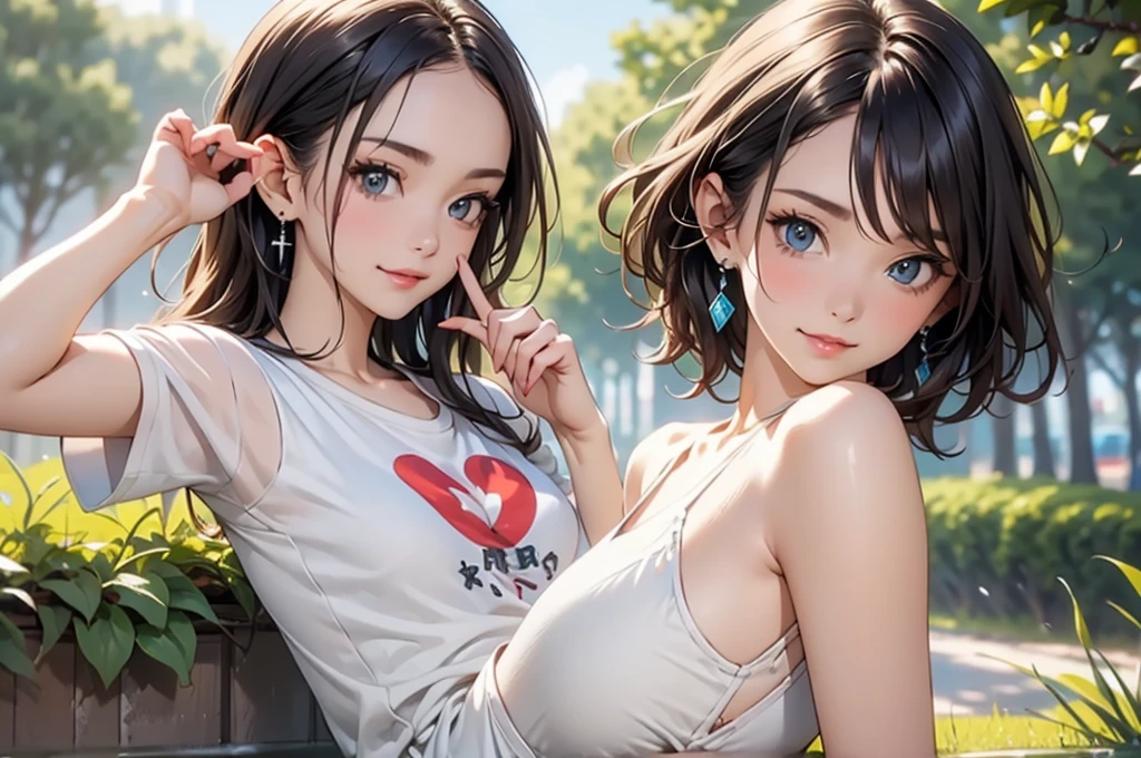 (Natural finger shape:1.5),4K,masterpiece,((Focus on the face)),((Symmetrical facial features)),Eye for detailed depiction,Beautiful woman,Excellent style,Beautiful feet,(Small Ass,Thin thighs),Facial detailing,Small earrings,((T-Shirts、hot pants)),A park with lush greenery in the early morning,(soft exercise),blue blonde,Close-up photo of the upper body,One Woman