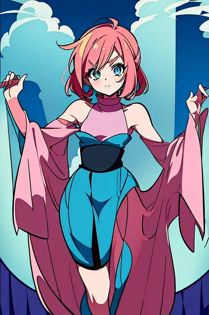  girl Anime Shonen Style Design,retro clothes, bizarre creative design, short bright pink hair, blue sky eyes,  shonen style outfit