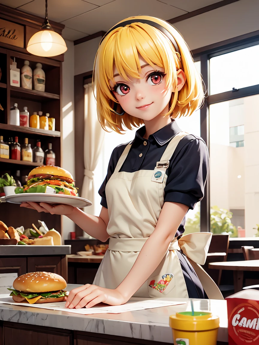 Satoko Hojo, One Girl,  (Yellow Hair), Blonde, Red eyes, short hair, hair band, Small breasts, 11 years old,  alone, uniform, apron,  Name tag, Polo shirt, headset, counter, register, Menu Signage, tray, Flyer, Drink dispenser, hamburger, potato, drink, straw, napkin, smile, clean, Vibrancy, Bright lighting, food court, Fast food logo, uniform color, Modern interior, Comfortable seats, Poster, Promotional Sign, Hand sanitizer