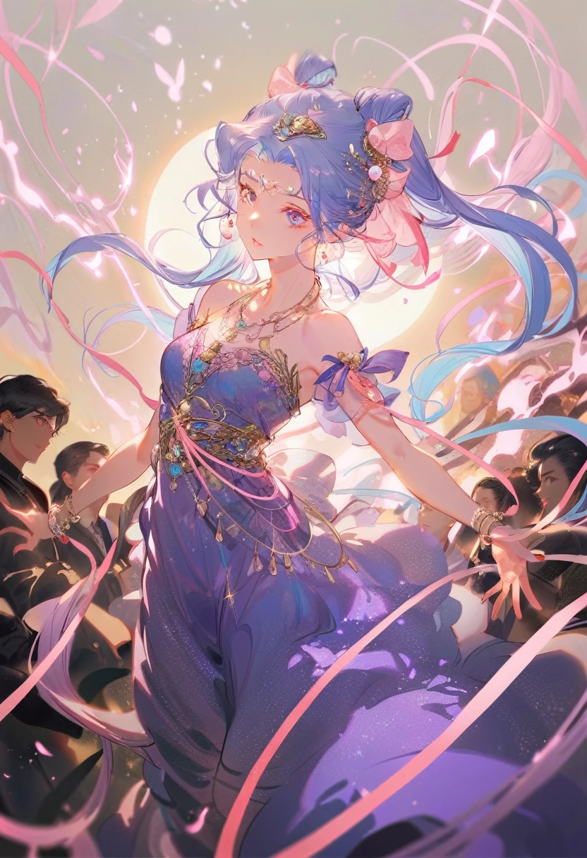best quality, proficient, Detailed hair, high resolution,necklace, Hair accessories, (Pretty Face), blue dress, Looking at the audience, Blue Hair, permanent, (Above the waist),Medusa