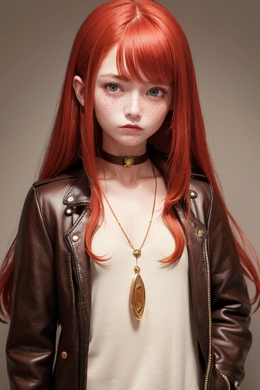 1 23 year old girl,fair skin with freckles on the face , with long red hair, golden cat eyes/ yellow/gold color , wearing a small and delicate choker, with a small pendant, wearing a short brown leather jacket, wearing a blouse, on a dark background, mocking face squeeze, Fine body