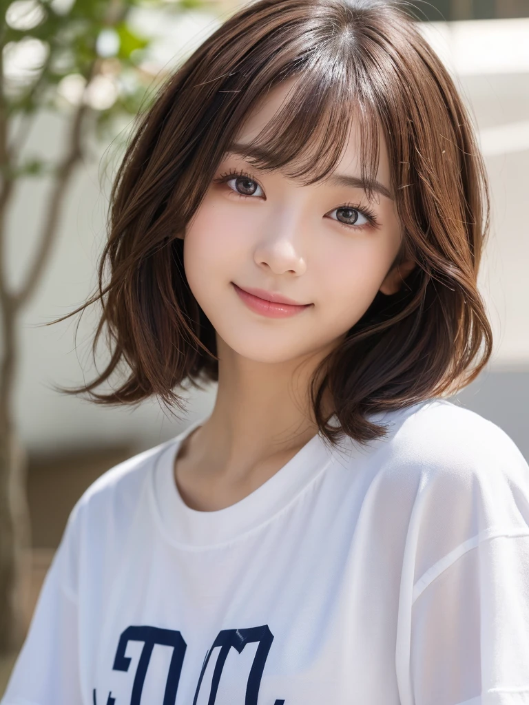 (top-quality,8K picture quality,masterpiece:1.3,),(超A high resolution:1.3,Photorealsitic:1.4,Raw photography:1.2),(ultra-detailliert:1.2,shinny skin,Detailed skin:1.1),(Detailed face,Perfect Anatomy,Caustics:1.2),Park lawn,Sleep on your back,女の子1人,kawaii,japanes,22year old,Japanese ido,Natural brown hair,Curl short hair outwards,Pretty eyes,natural make up,Oversized T-shirt,a smile,Looking at the camera,up on the face,Face Focus,Professional Lighting,natural soft light,